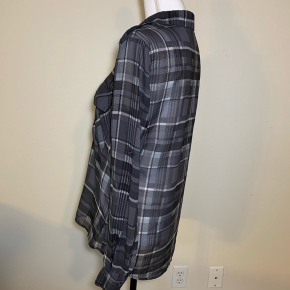 ABS sheer button up blouse front pockets plaid - Picture 5 of 8